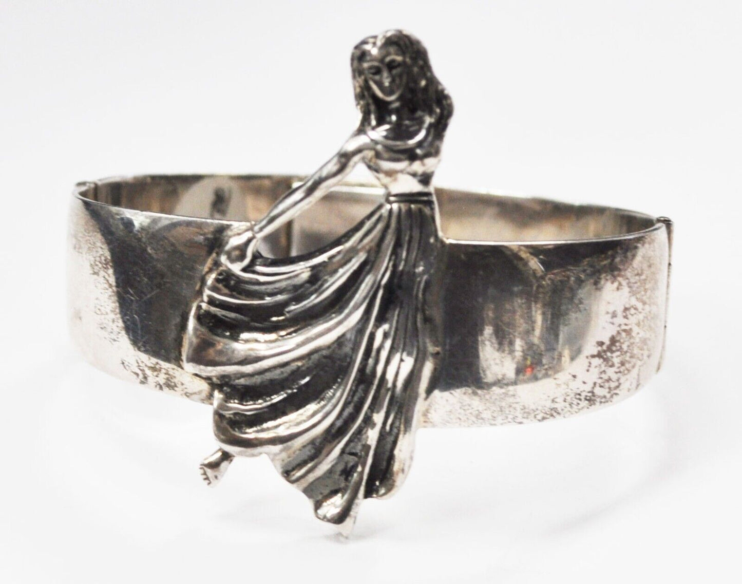 Mexico 950 Silver Signed Woman Dress 62mm Wide Hinged Bangle Bracelet 7" Wrist