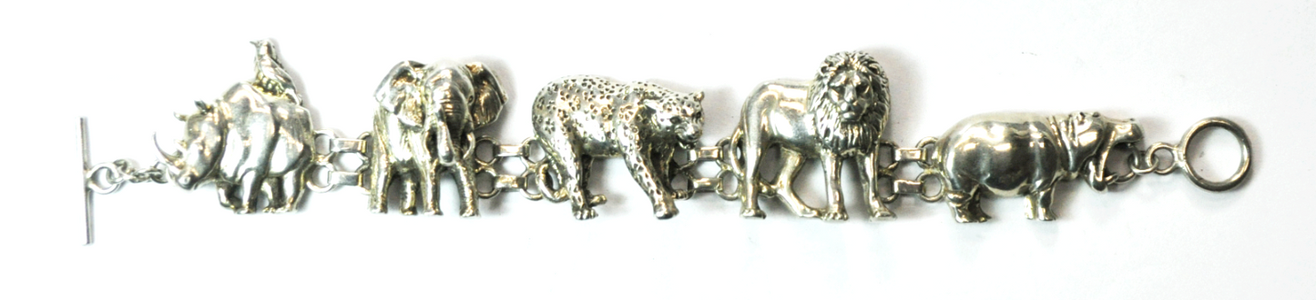 Sterling Carol Felley Noah's Arc Lion Rhino Hippo Elephant Bracelet 30mm 7.75"