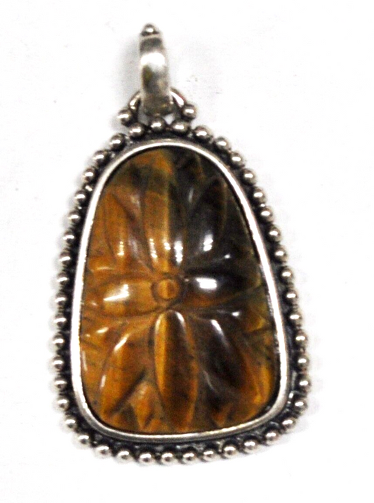 Sterling Silver Carve Flower Tigers Eye Pendant Dot Edge 47mm x 28mm