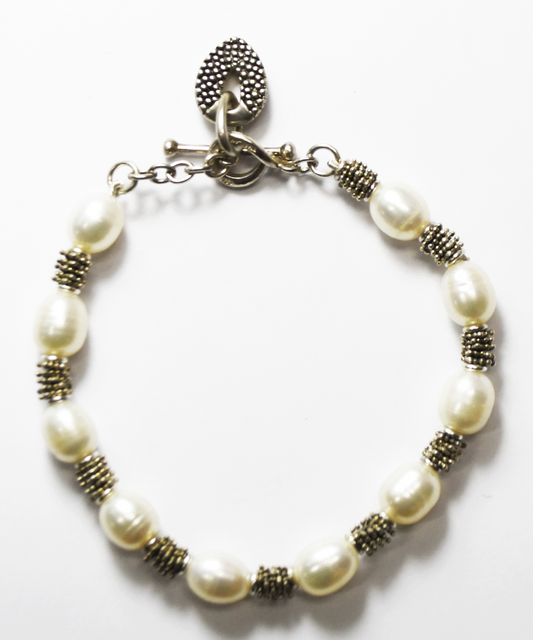 Sterling Silver Oval Pearl Beaded Toggle Bracelet Teardrop Ring 8mm  8.25"  22g