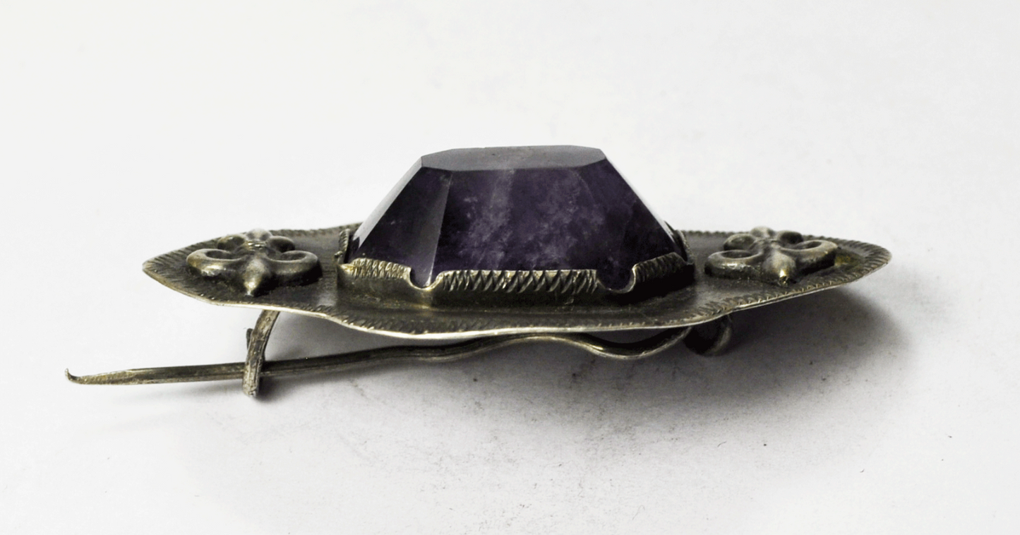 Antique Sterling Silver Mexico Purple Amethyst Fleur De Lis Brooch Pin 2" 29mm