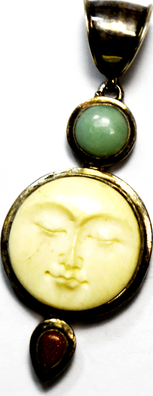 Sterling Silver Moon Face Gold Stone Chrysoprase Pendant 3" x 29mm