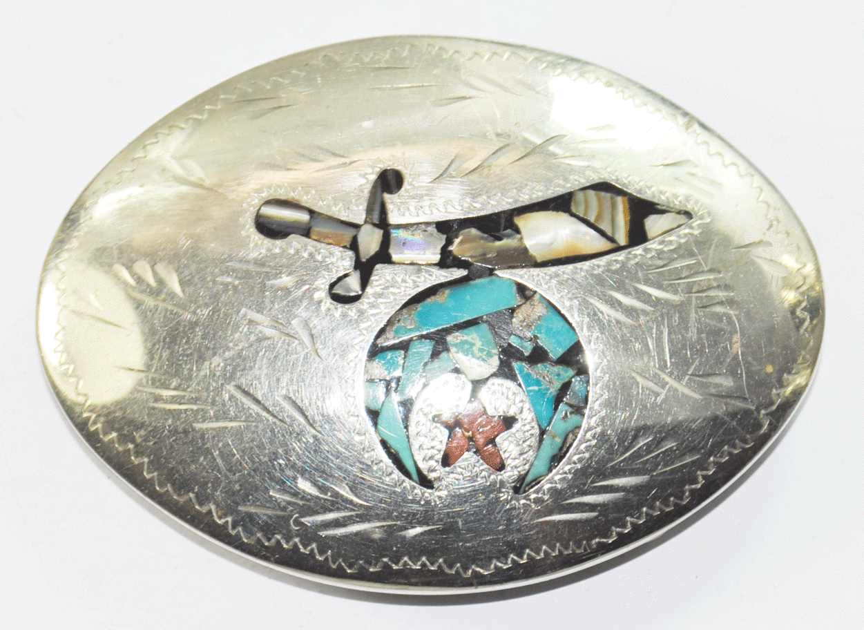 Beautiful Silver Plate Shriner Kay Johnson Inlay Belt Buckle 3.75"