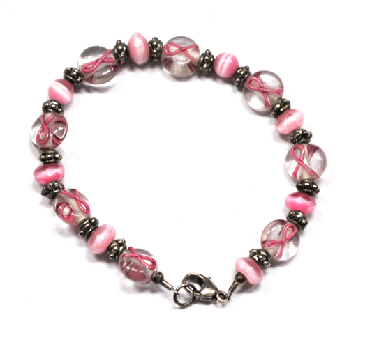 Sterling Silver Pink Glass Tigers Eye Bead Swirl 10mm 7.25" Wire Bracelet