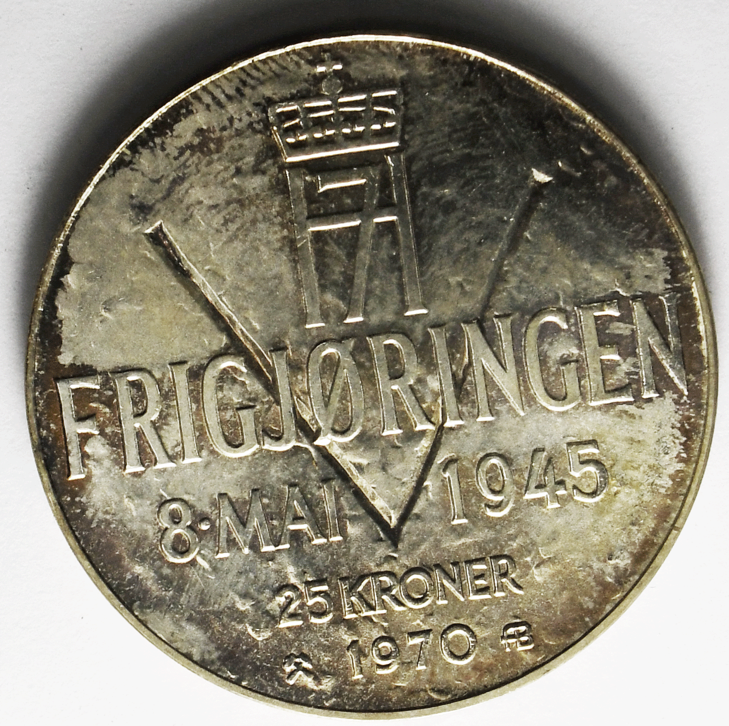 1970 Norway 25 Twenty Five Kroner Silver Coin KM# 414