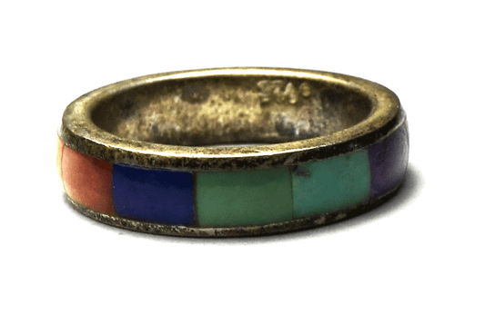 Sterling Silver Multi Stone Inlay Turquoise Coral Lapis Ring 5mm Band Size 8
