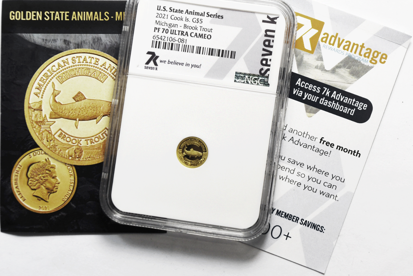 2021 $5 Cook Is Gold .5g Animal Series 7k NGC PF70 UC Michigan Brook Trout