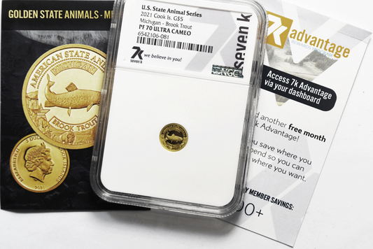 2021 $5 Cook Is Gold .5g Animal Series 7k NGC PF70 UC Michigan Brook Trout