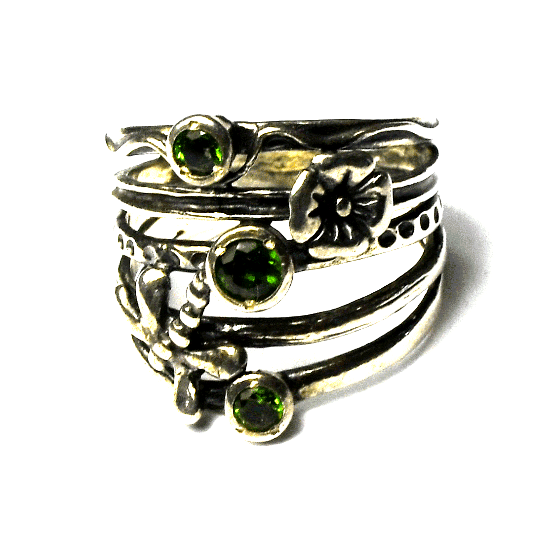 Sterling Or Paz Green Diopside Dragonfly Flower Split 5 Ring 21mm Size 9