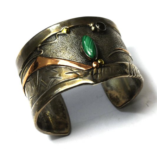 Sterling Silver Two Tone Malachite Onyx Wide Cuff Bracelet 39mm 6.25" Wrist
