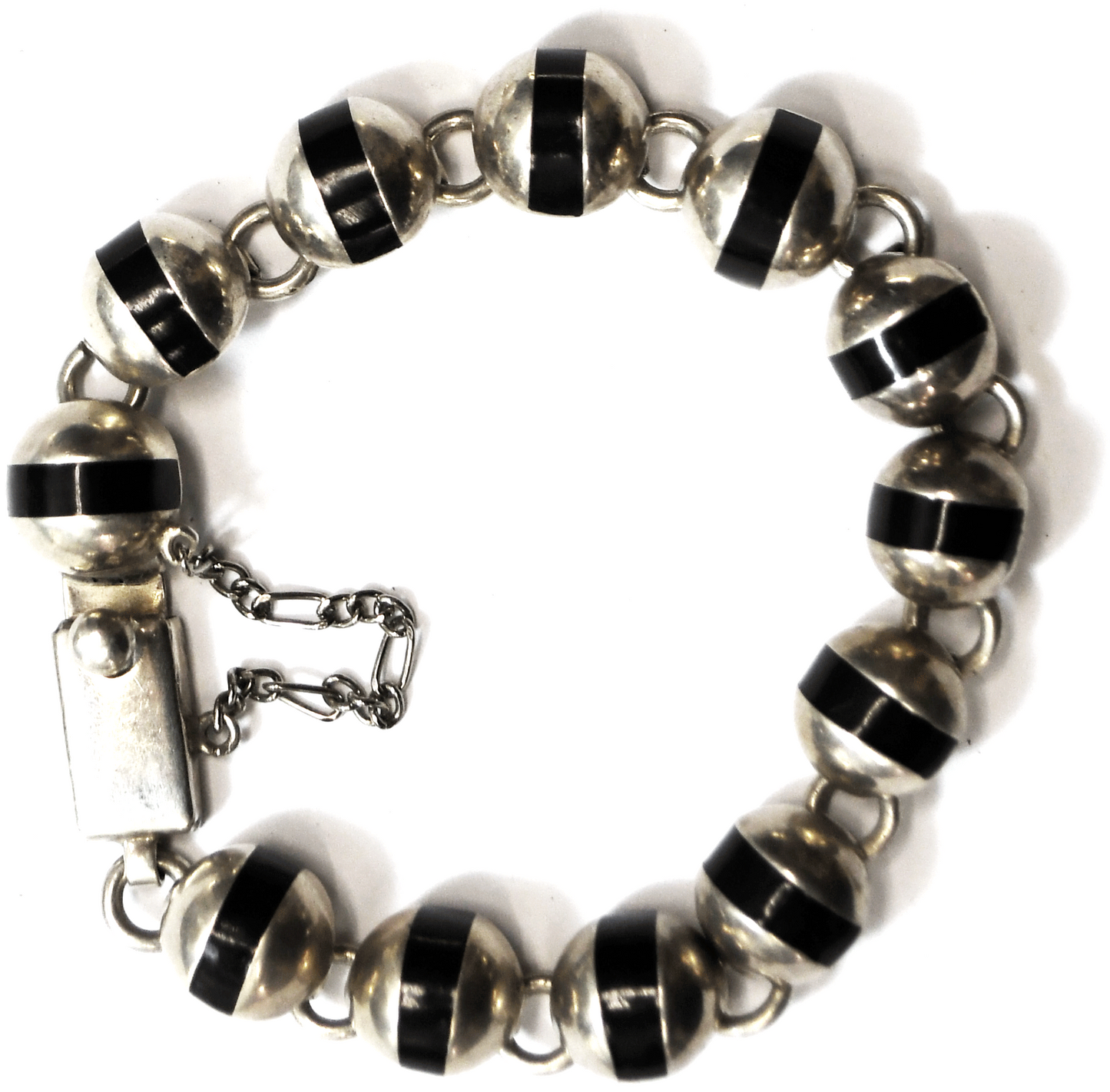 Sterling Silver Round Domed Half Sphere Onyx Stripe Bracelet 11mm 7"  31g