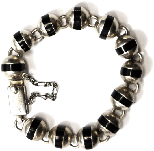 Sterling Silver Round Domed Half Sphere Onyx Stripe Bracelet 11mm 7"  31g
