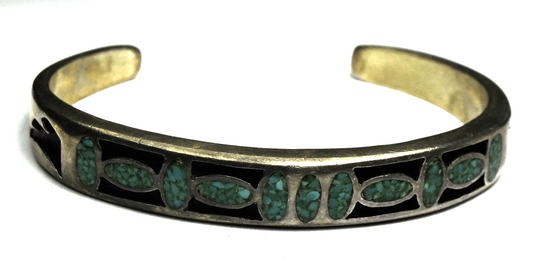 Sterling Turquoise Chip Inlay Shadow Box 9mm  Cuff Bracelet 6-3/4" Wrist