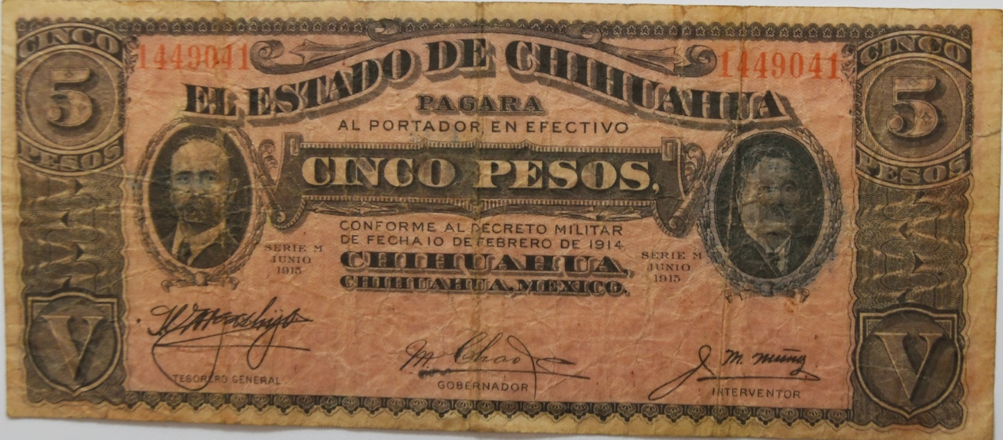 1915 Mexico Chihuahua Five Peso Pink Large Note 1449041