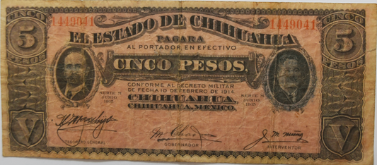 1915 Mexico Chihuahua Five Peso Pink Large Note 1449041