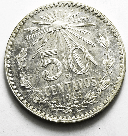 1943 Mexico Estados Unidos Mexicanos Fifty 50 Centavos Silver Coin KM# 447