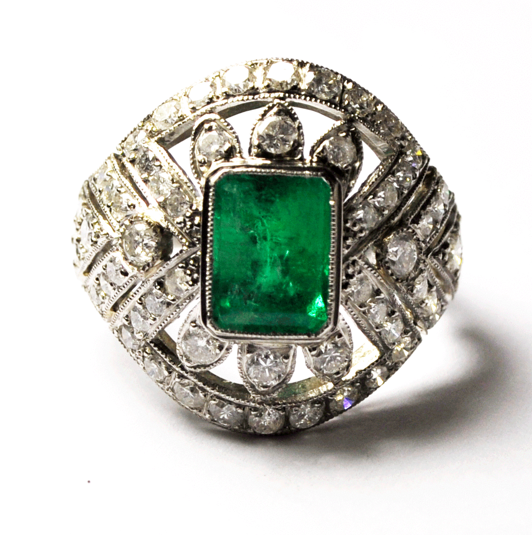 Platinum & Diamond 1.75ct Emerald Cocktail Ring 21mm Size 8 Filigree 2.3tcw