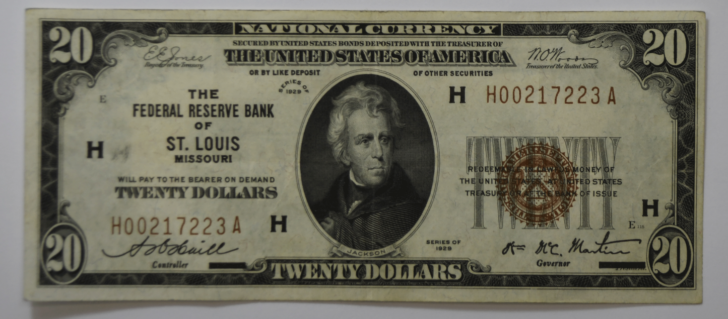 1929 $20 FRBN Federal Reserve Bank Note St Louis H00217223A