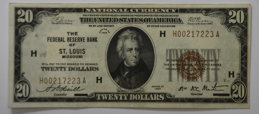 1929 $20 FRBN Federal Reserve Bank Note St Louis H00217223A