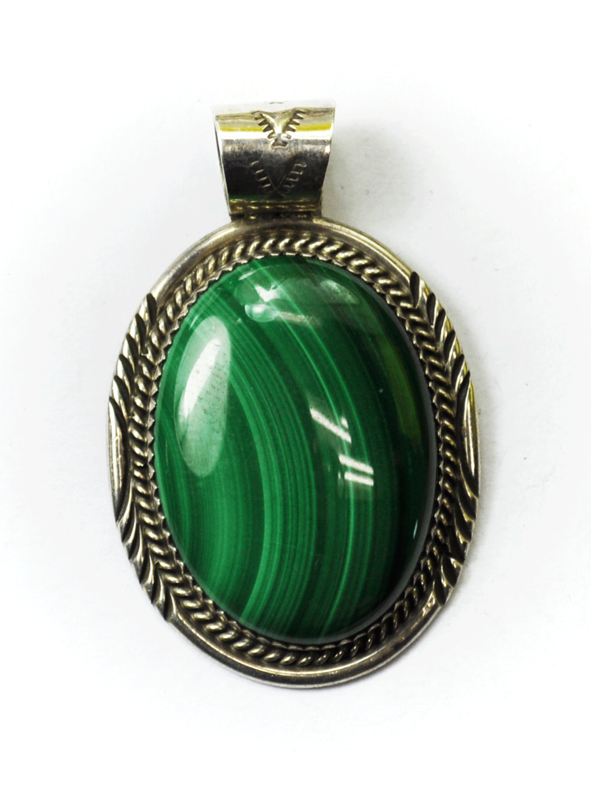 Sterling Silver Helen Long Oval Green Malachite Etched Pendant 1-3/4" x 29mm