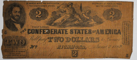 1862 $2 Two Dollars Confederate Note Currency Richmond CS-42