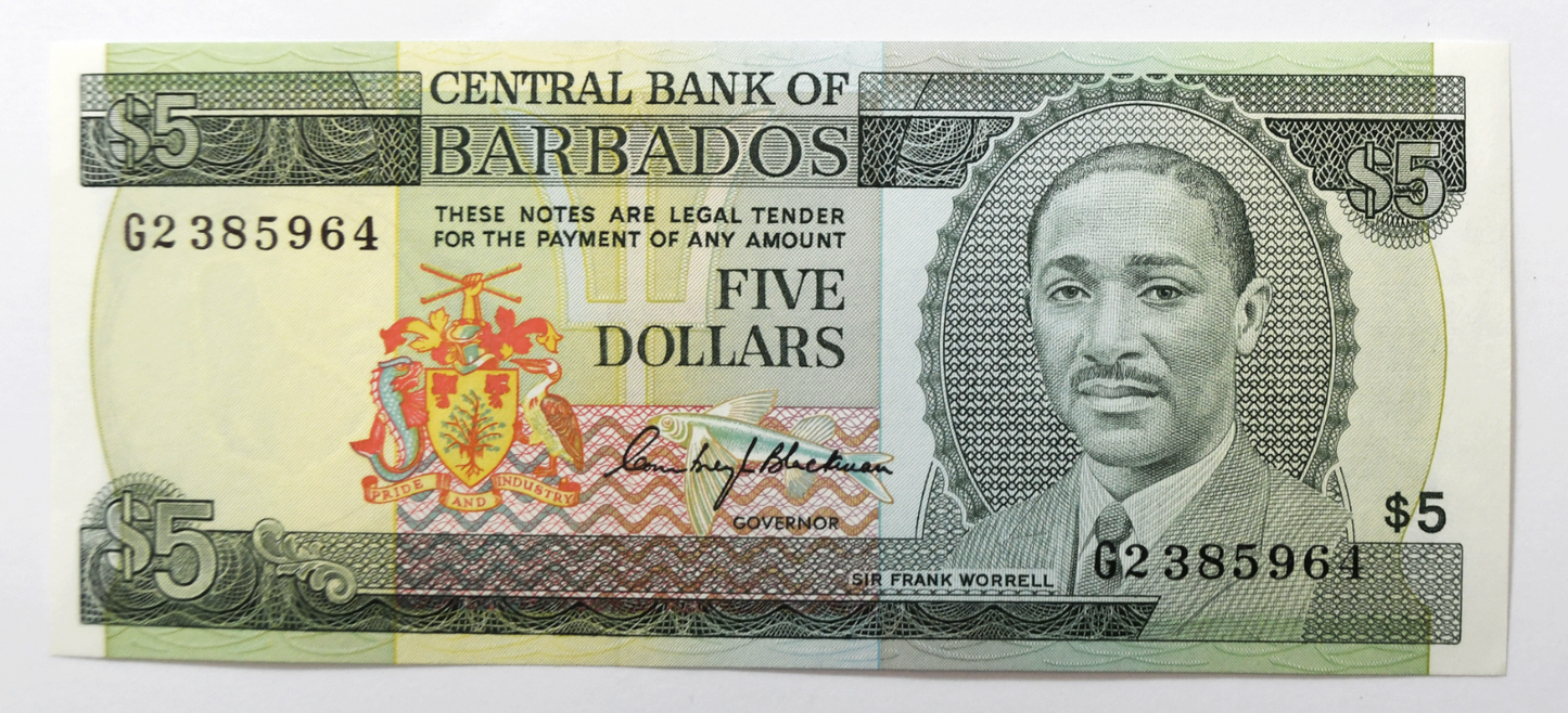 1975 Barbados $5 Five Dollars Uncirculated Banknote G2385964