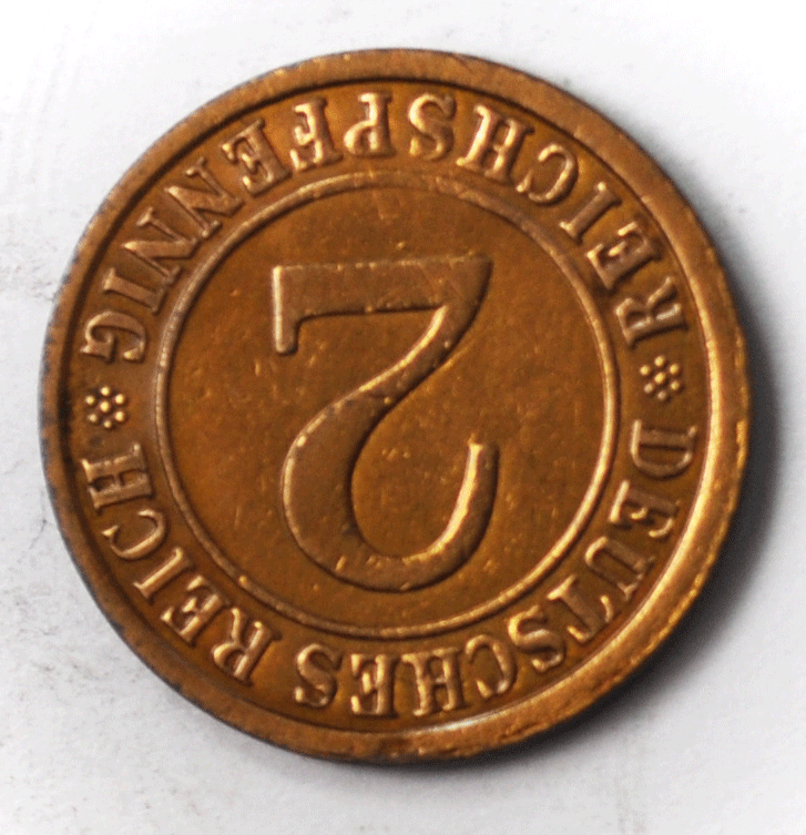 1924 A Germany Weimar Republic 2 Reichspfennig Bronze Coin KM# 38