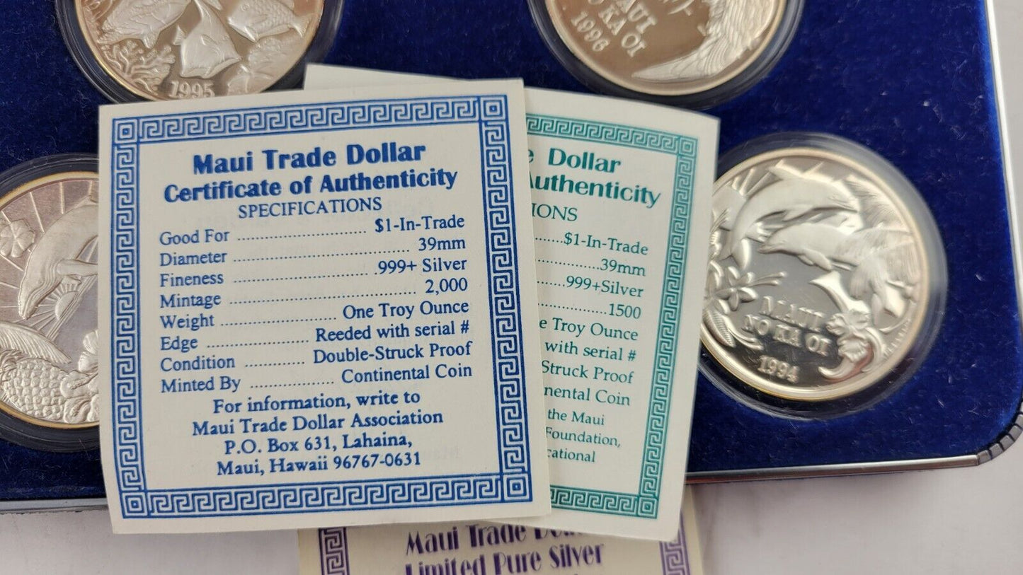 1992-1996 Proof Maui Trade Dollars  .999 1oz. Fine Silver 5pc Collectors Edition