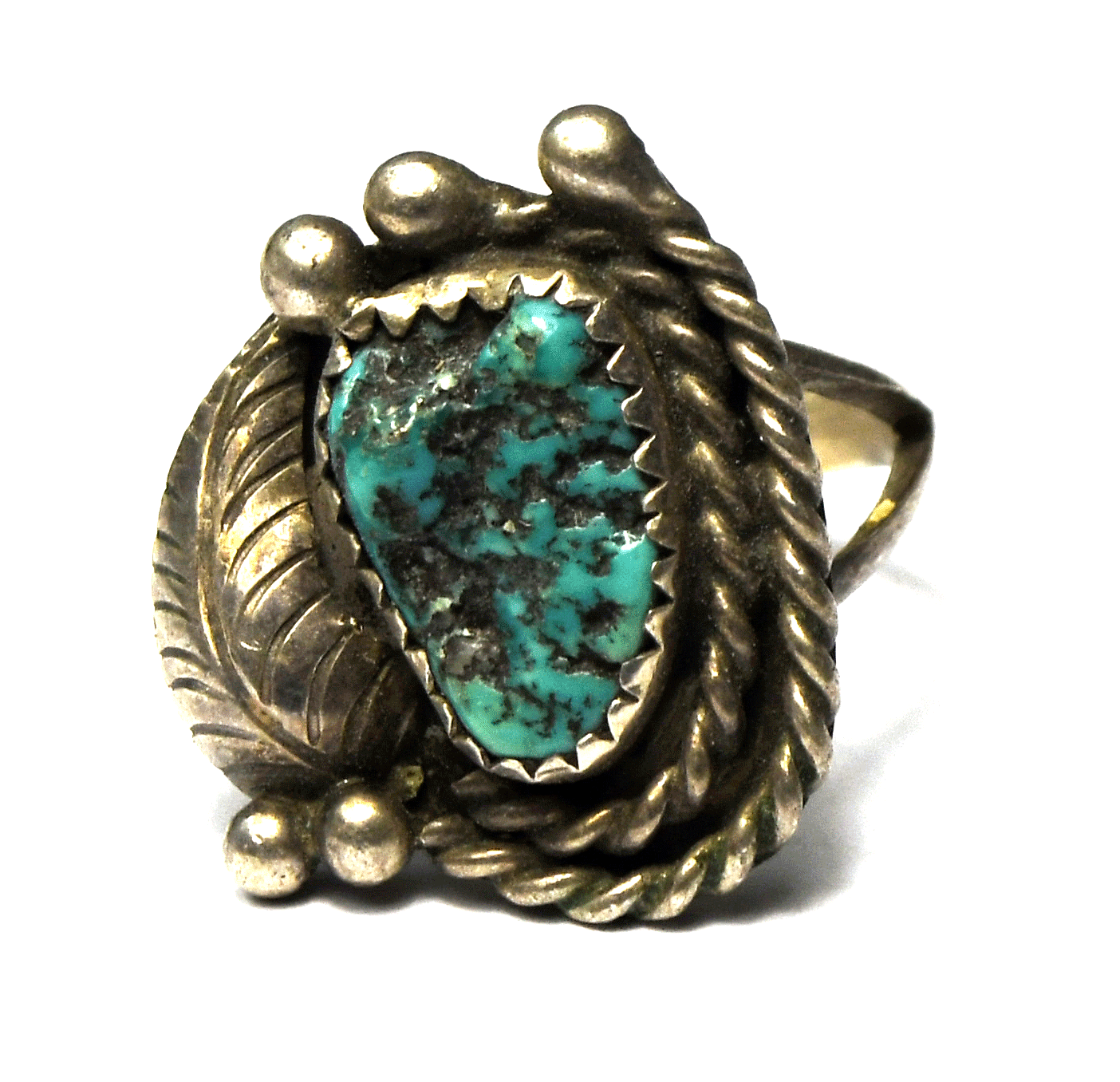 Vintage Sterling Silver Turquoise Chunk Floral Ring 21mm Size 6.5