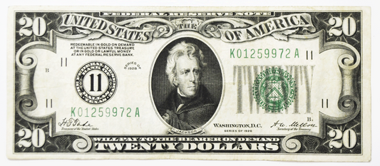 1928 $20 Twenty Dollar Bill Federal Reserve Note K01259972A Dallas