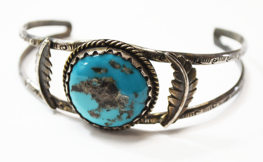 Antique Sterling Round  Turquoise Split Cuff Floral Bracelet 27mm 7-1/2" Wrist