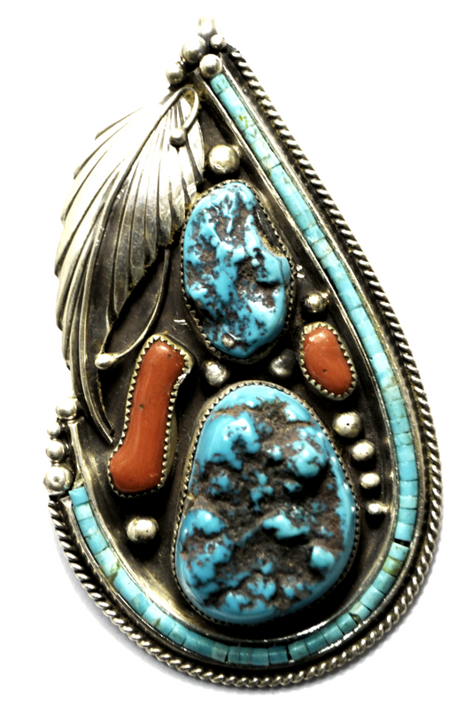 Sterling William Vandever Turquoise Coral Teardrop Pendant Clip 3-1/2" x 51mm