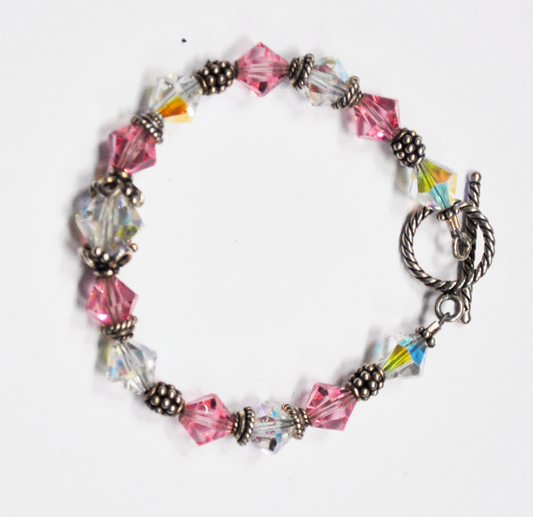 Clear & Pink Iridescent Glass  8mm Bead Bracelet Sterling Silver Toggle 6.5"