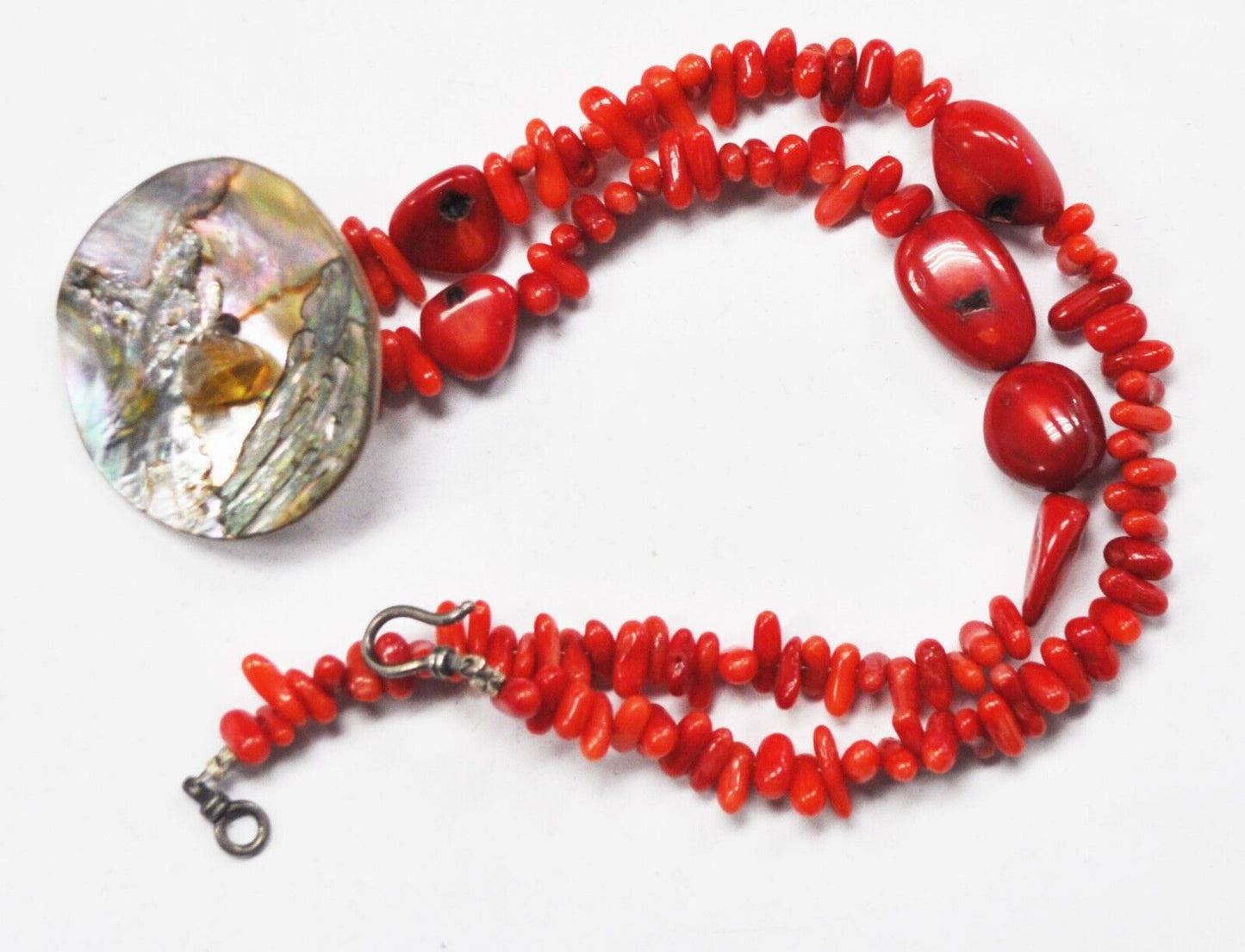 Silver Plate 11mm Dyed Coral Chunk Bead 36mm Abalone Disc Pendant Necklace 18"