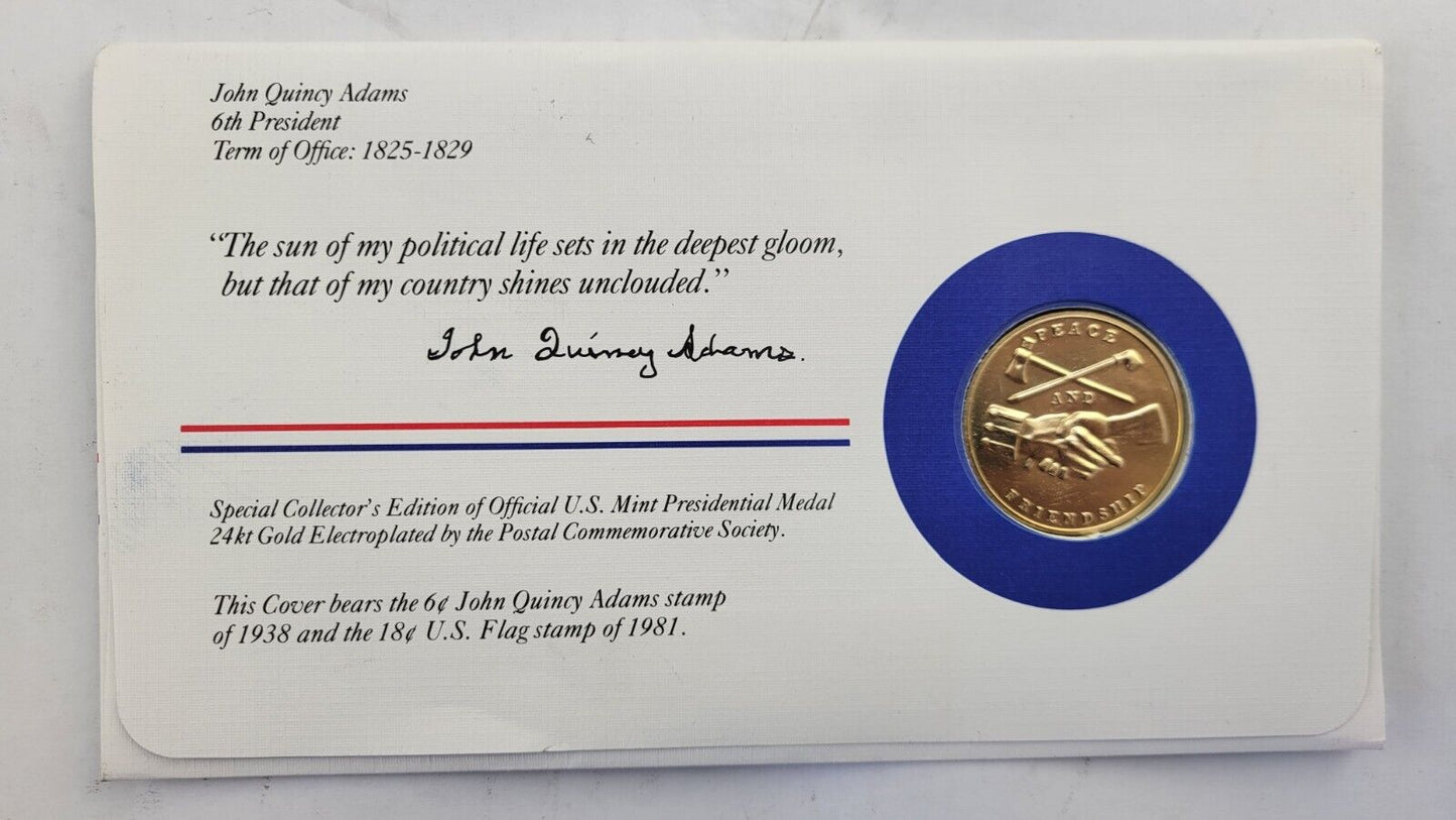 John Q Adams Presidential Covers Medal Postal Commemorative Society Gold Plated