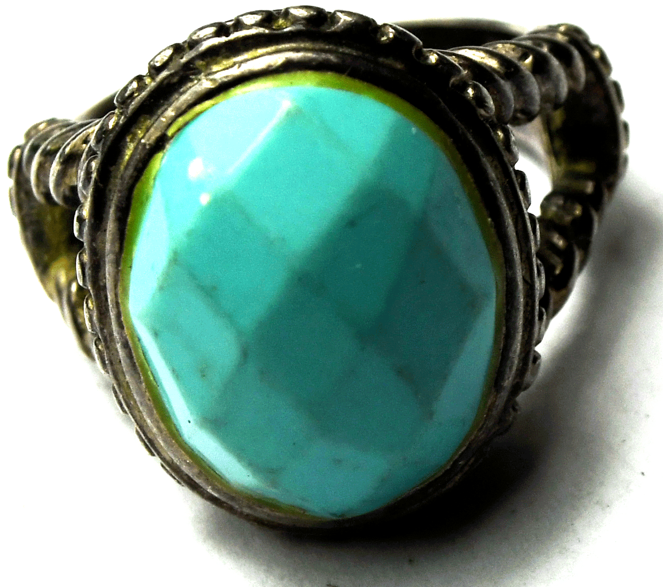 Sterling Silver CFJ Faceted Oval Turquoise Solitaire Ring 19mm Size 5-3/4
