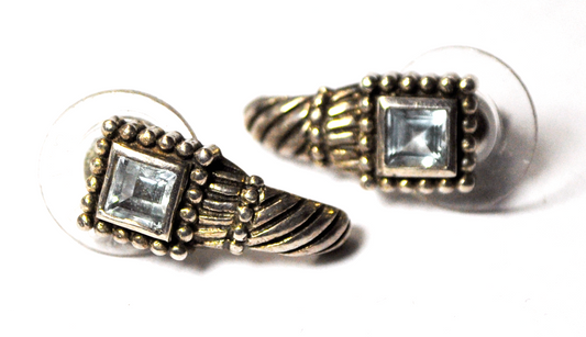 Sterling Silver Square Topaz LJ Curved Pierced Earrings 3/4"