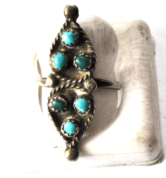 Antique Sterling Silver Turquoise Dot Cluster Triangular Ring 36mm Size 6