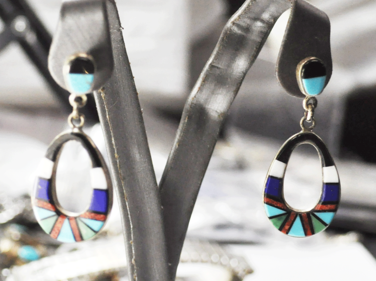 Sterling Multi Stone Turquoise Onyx Coral Oval Hoop Inlay Earrings 43mm x 18mm