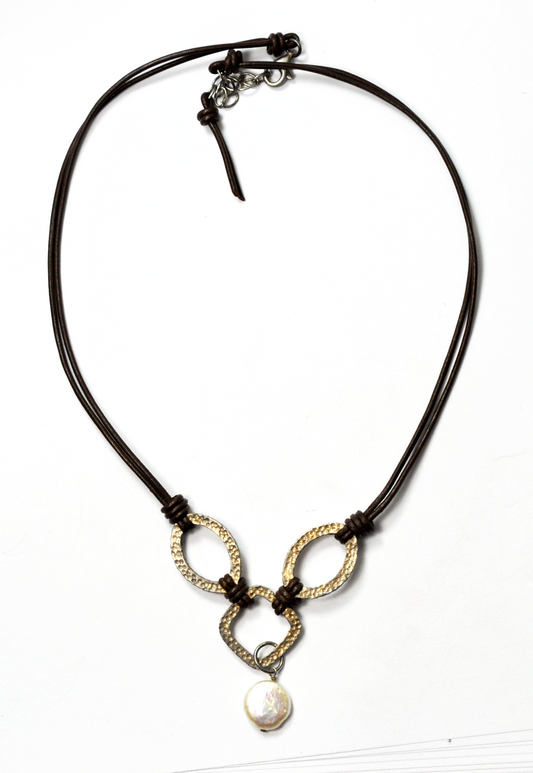 Sterling Silver Hammered Copper Color Hoop MOP Dangle 17" Brown Leather Necklace