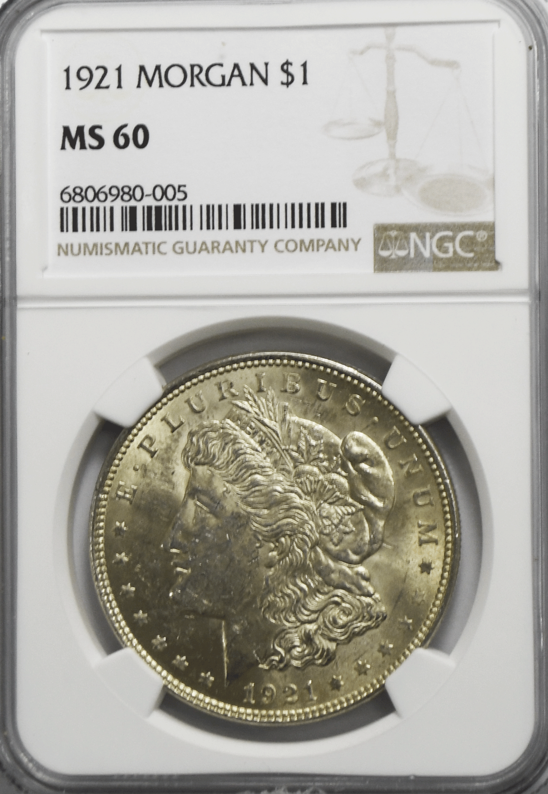 1921 $1 Morgan Silver Dollar MS60 NGC Uncirculated Philadelphia