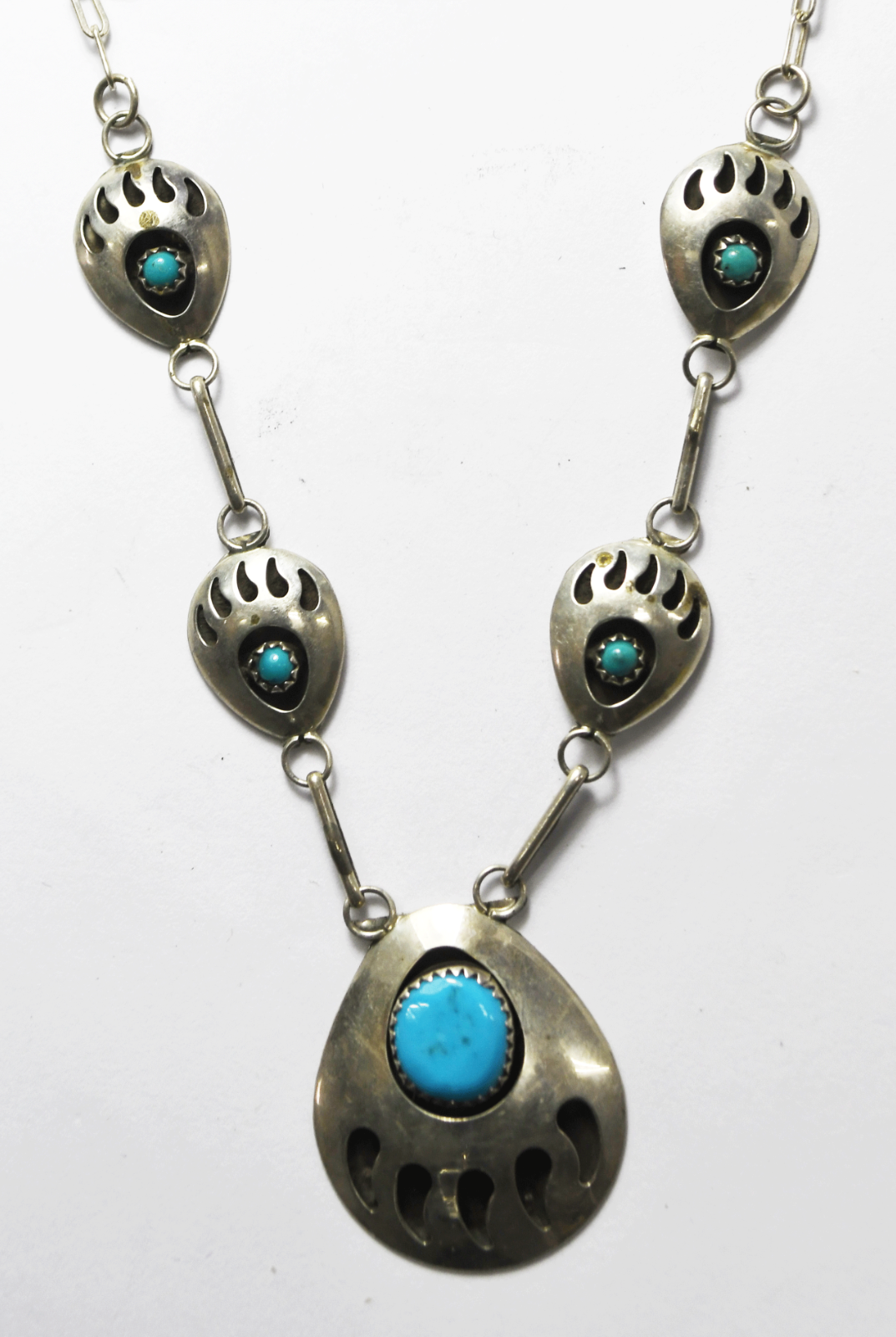 Sterling SJ Turquoise Bear Claw Shadow Box 32mm Necklace 19"