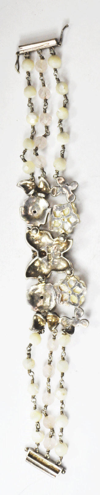 Sterling Silver Butterfly Flower Enamel Quartz Bead 3 Strand 29mm Bracelet 8"