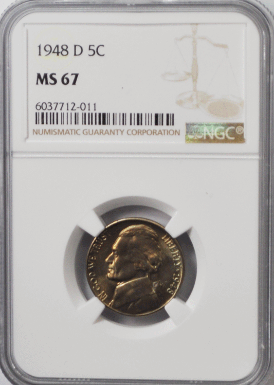 1948 D 5c Jefferson Nickel Five Cents NGC MS67 BU Denver