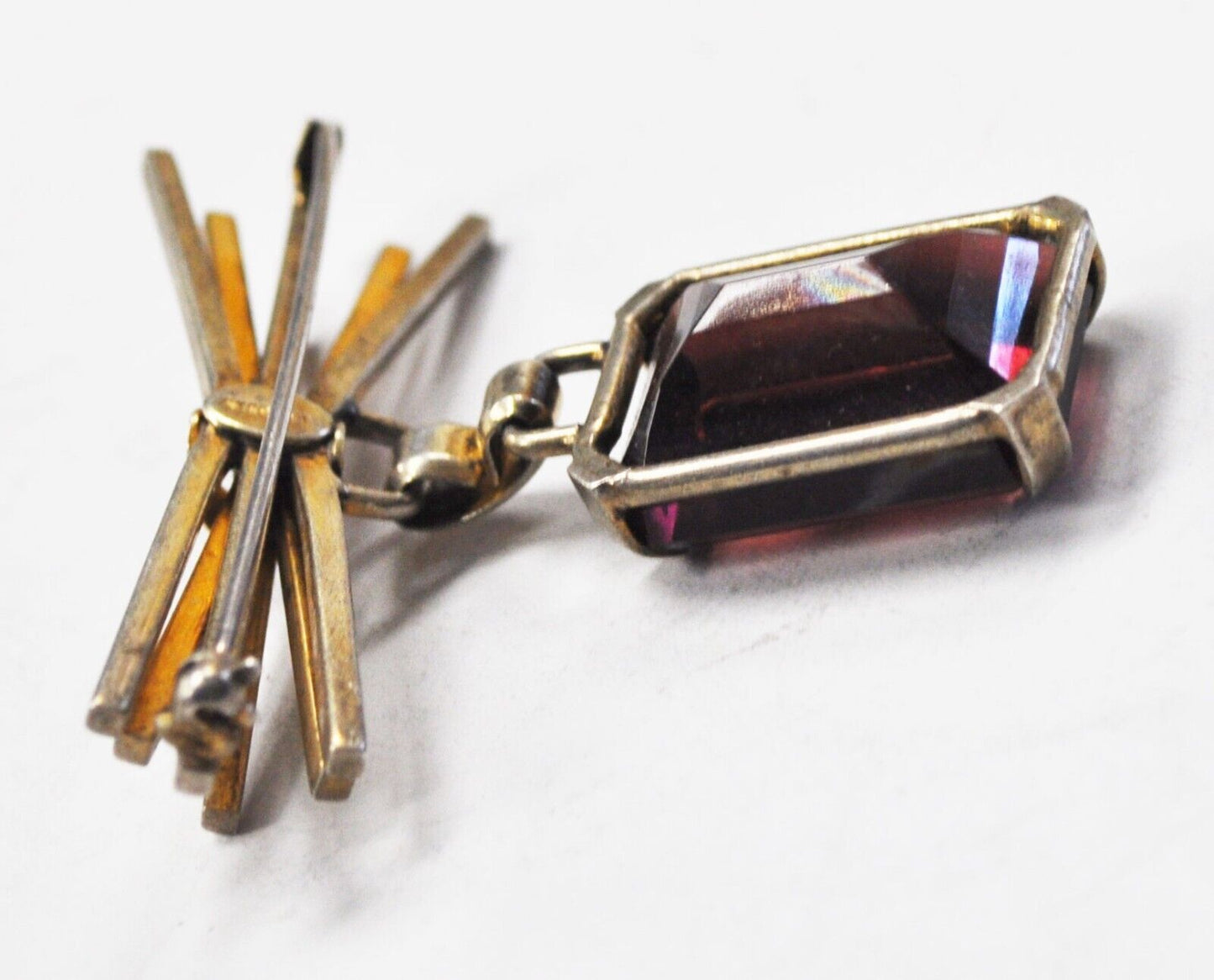 Sterling Silver Bushel 6 Bar Ruby Red Glass Dangle Brooch Pin