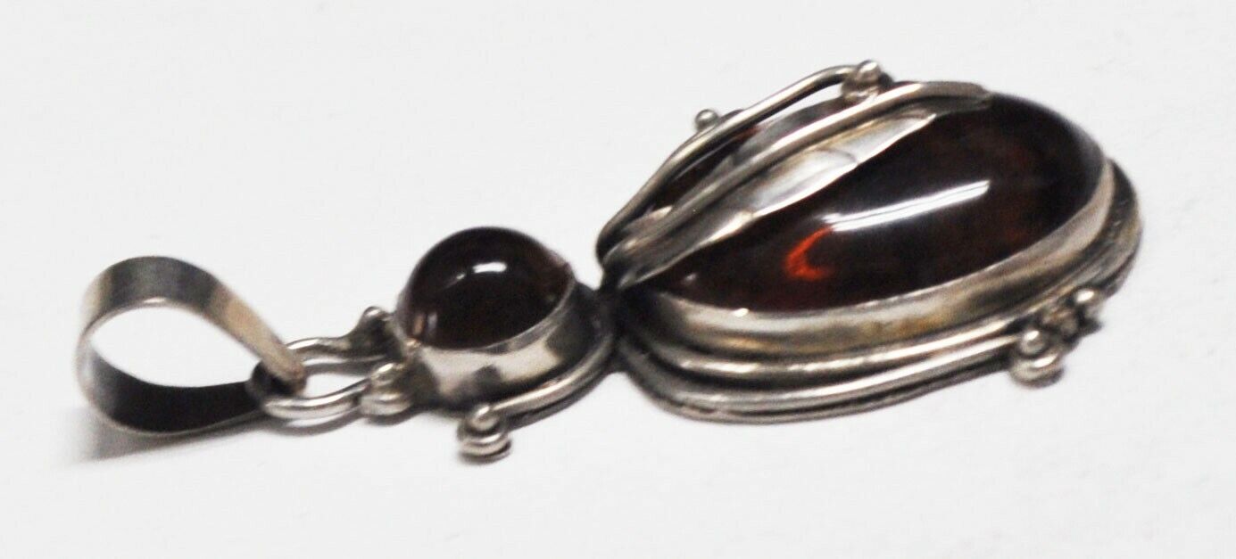 Sterling Silver Bug Amber Floral Round & Oval Pendant 2-1/4" x 26mm
