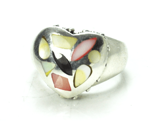 Sterling Yellow Pink White Mother of Pearl MOP Inlay Heart Ring 16mm Size 8-3/4
