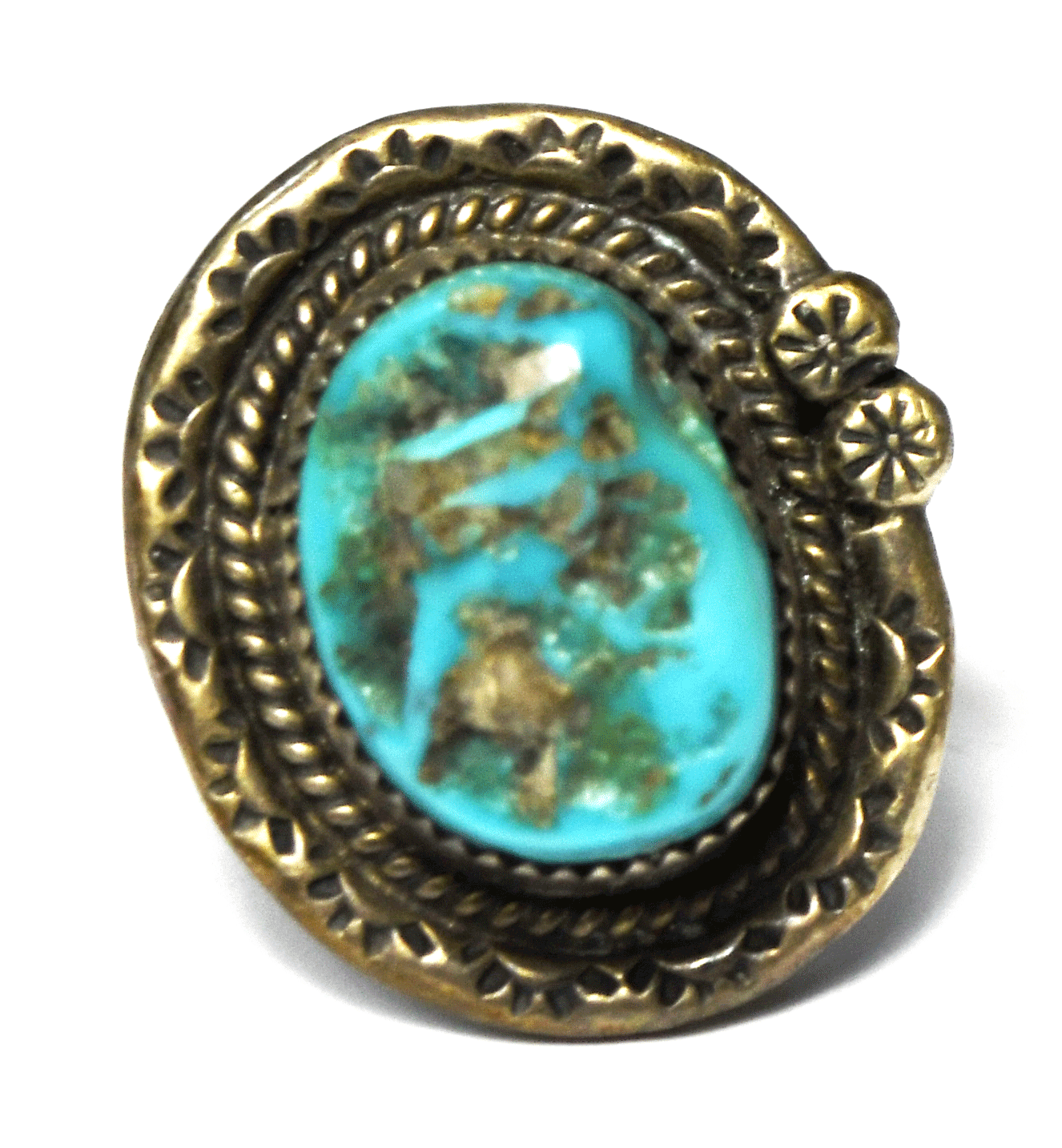 Antique Sterling Silver Turquoise Chunk Signed PB Ring 26mm Size 7-3/4