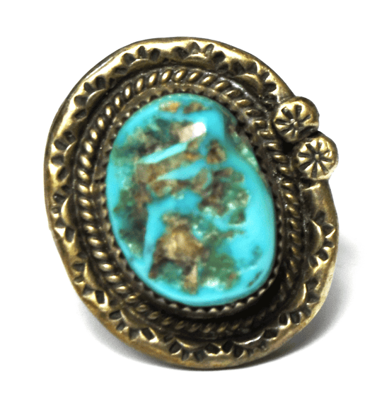 Antique Sterling Silver Turquoise Chunk Signed PB Ring 26mm Size 7-3/4