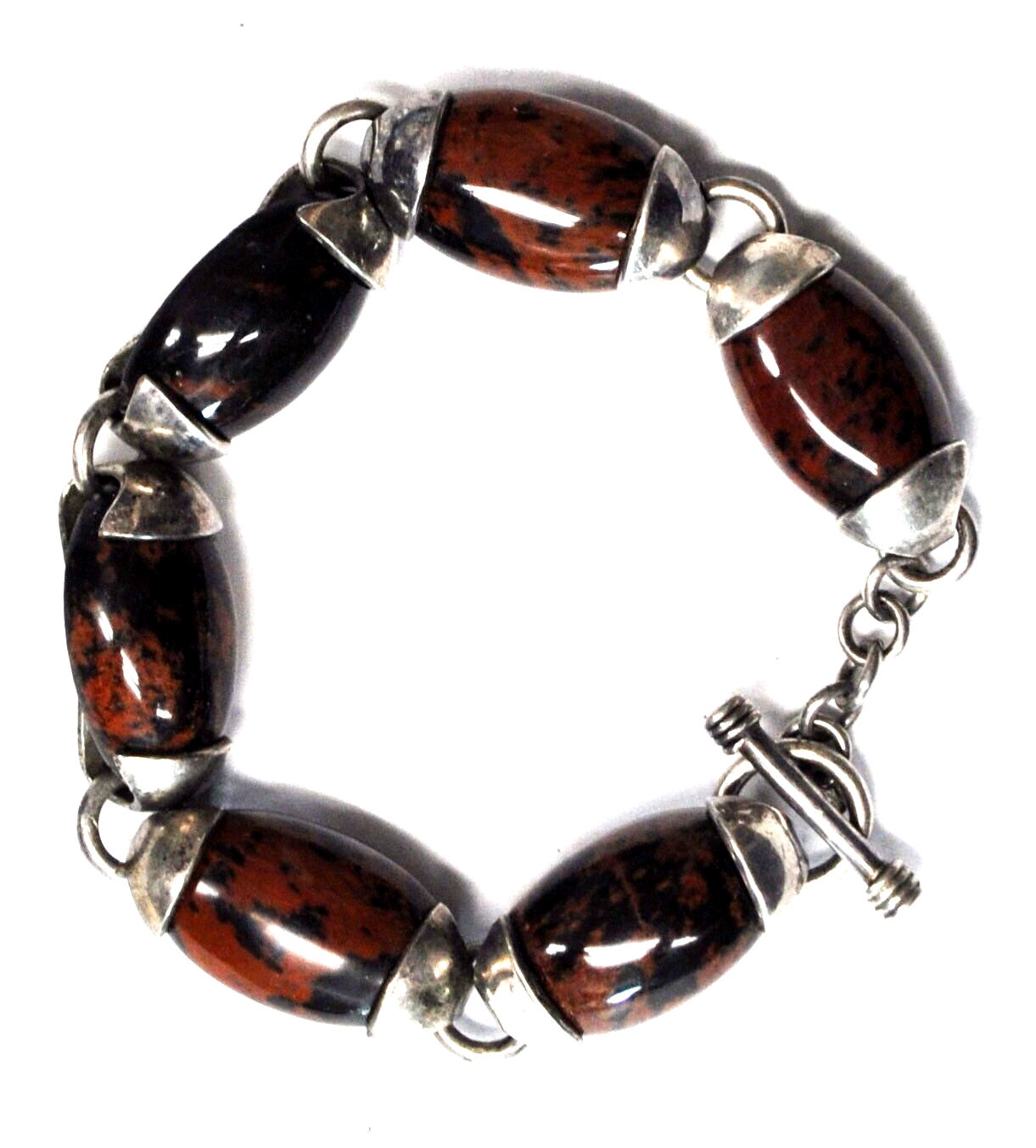Sterling Silver Oval Mahogany Obsidian Open Side Bezel Bracelet 14mm 8"  Toggle
